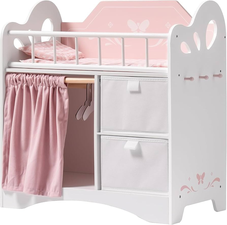 ROBUD Baby Doll Crib, Wooden Doll Bed with Storage and Bedding, of Toy Baby Crib to Kids, Pink Ba... | Amazon (US)