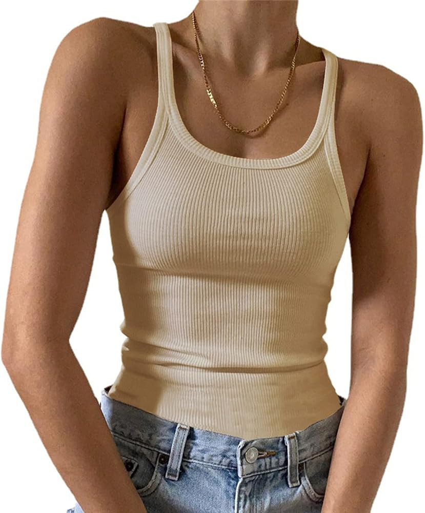 Artfish Women's Sleeveless Tank Top Form Fitting Scoop Neck Ribbed Knit Basic Cami Shirts | Amazon (US)
