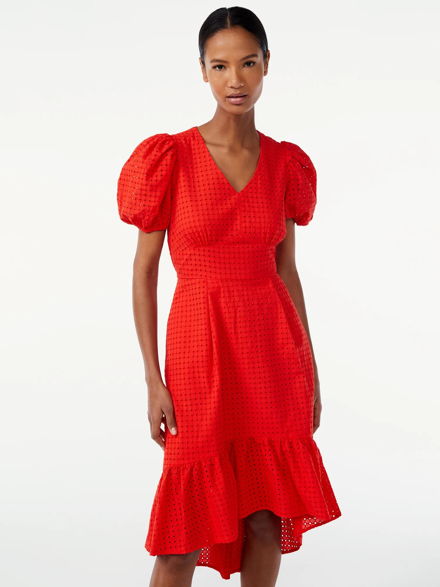Scoop Women's High Low Eyelet Midi Dress with Puff Sleeves | Walmart (US)