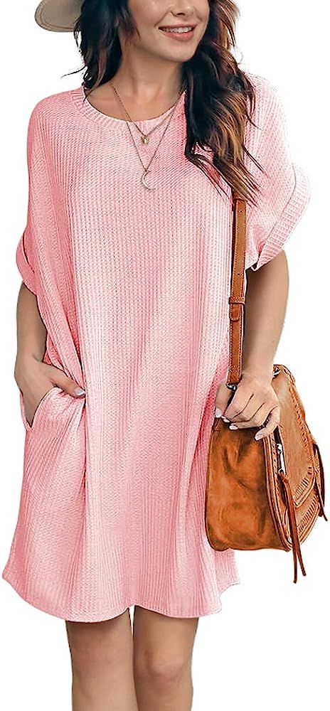 IWOLLENCE Women Waffle Knit Tunic Dress Casual Summer Short Sleeve Loose Dresses Cover Up Beach Dres | Amazon (US)