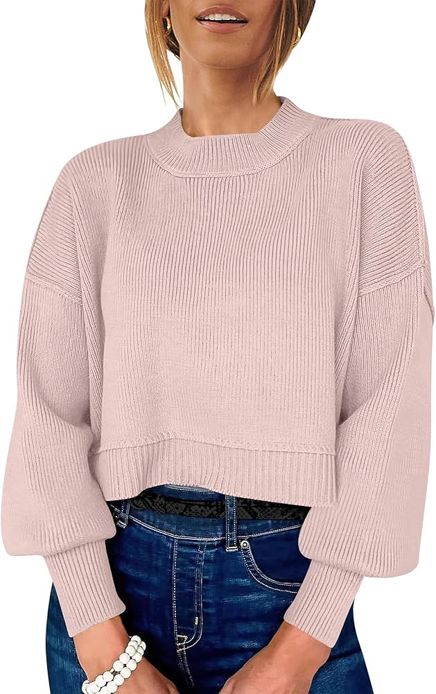 ANRABESS Womens Oversized Crewneck Cropped Sweaters Long Batwing Sleeve Side Slit Ribbed Knit Pul... | Amazon (US)