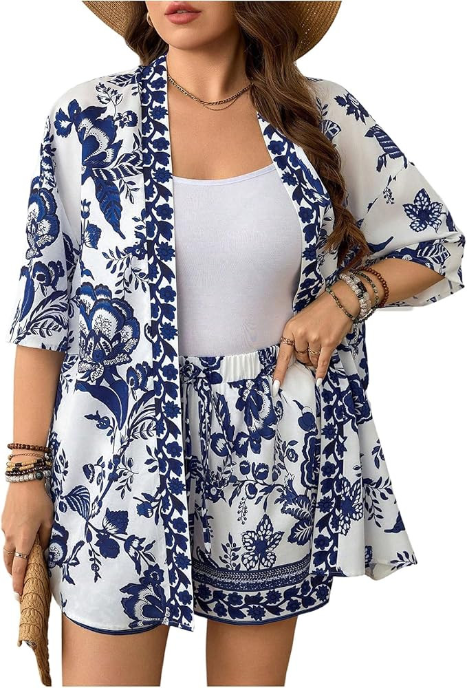 Floerns Women's Plus Size 2 Piece Outfit Tropical Print Kimono Top and Shorts Set | Amazon (US)