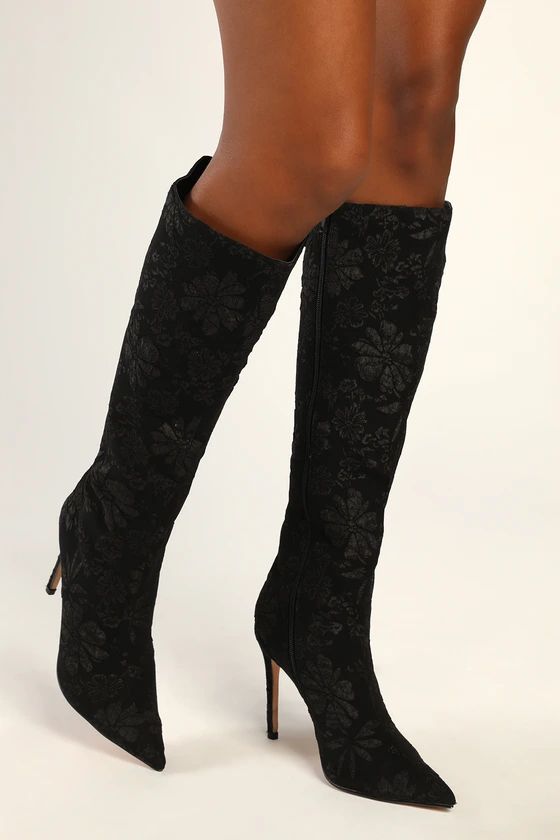 Estera Black Floral Jacquard Pointed-Toe Knee-High Boots | Lulus (US)