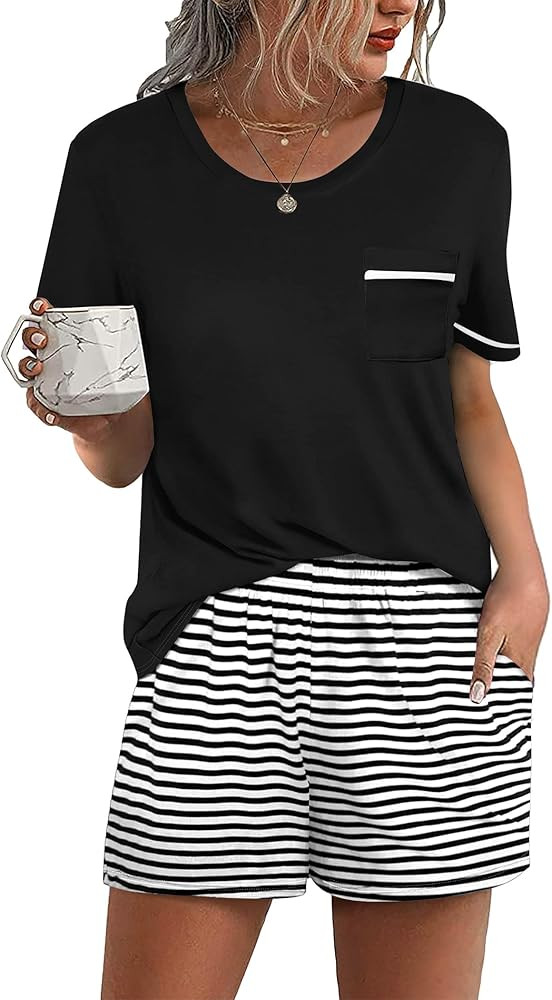 Ekouaer Womens Pajamas Sets Shorts 2 Piece Short Sleeve Lounge Sets Sleepwear Soft Pjs with Pocke... | Amazon (US)