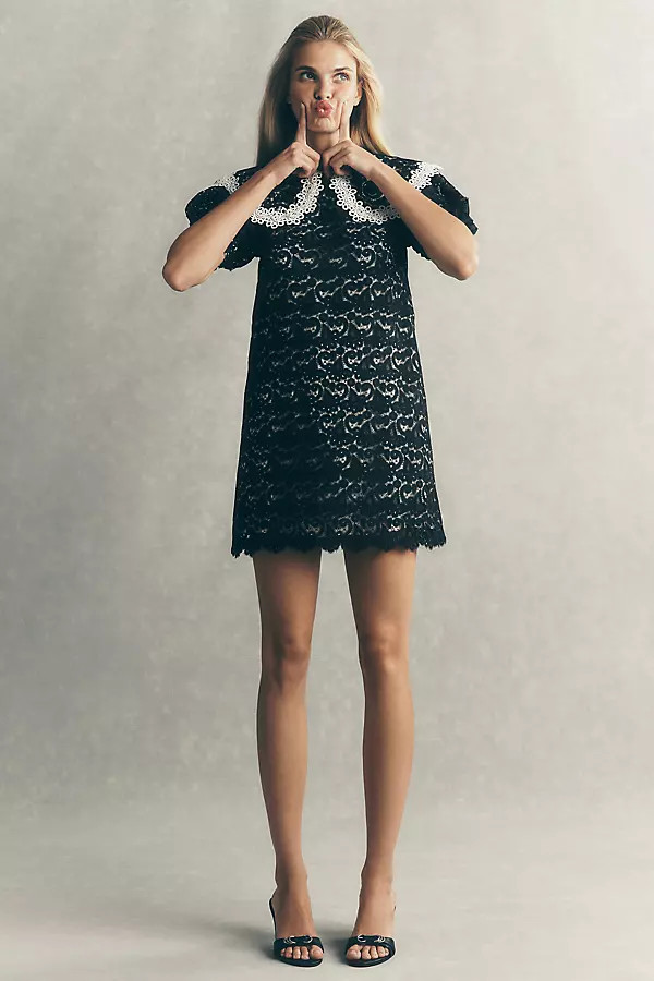 Maeve Puff-Sleeve Collared Lace Mini Dress | Anthropologie (US)