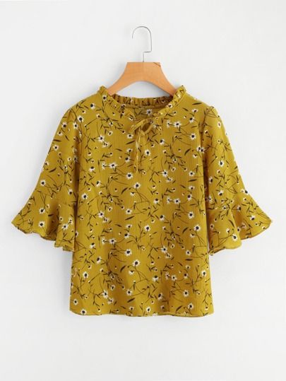 Calico Print Flute Sleeve Frill Blouse | SHEIN