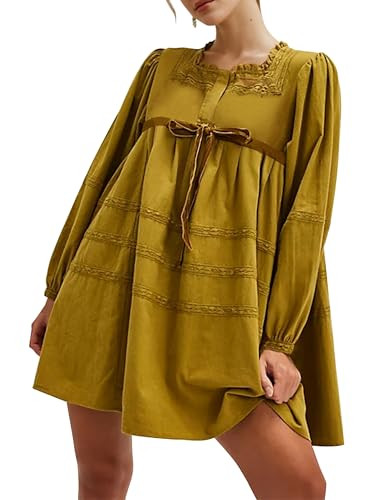 Women Flowy Long Puff Sleeve Mini Dress Casual Square Neck Lace Embroidered Babydoll Dress Bow Ti... | Amazon (US)