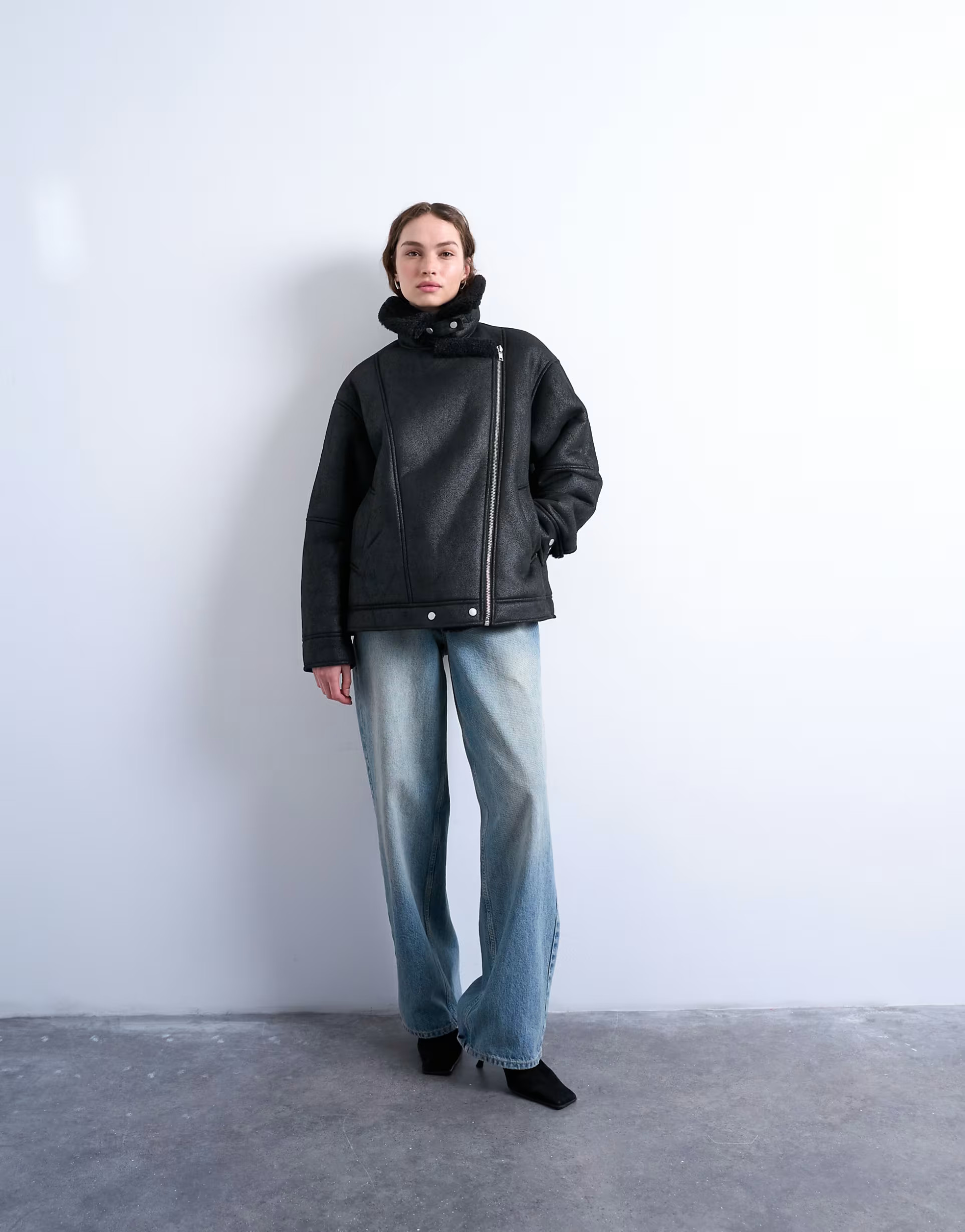 Topshop oversized shearling aviator in black | ASOS | ASOS (Global)