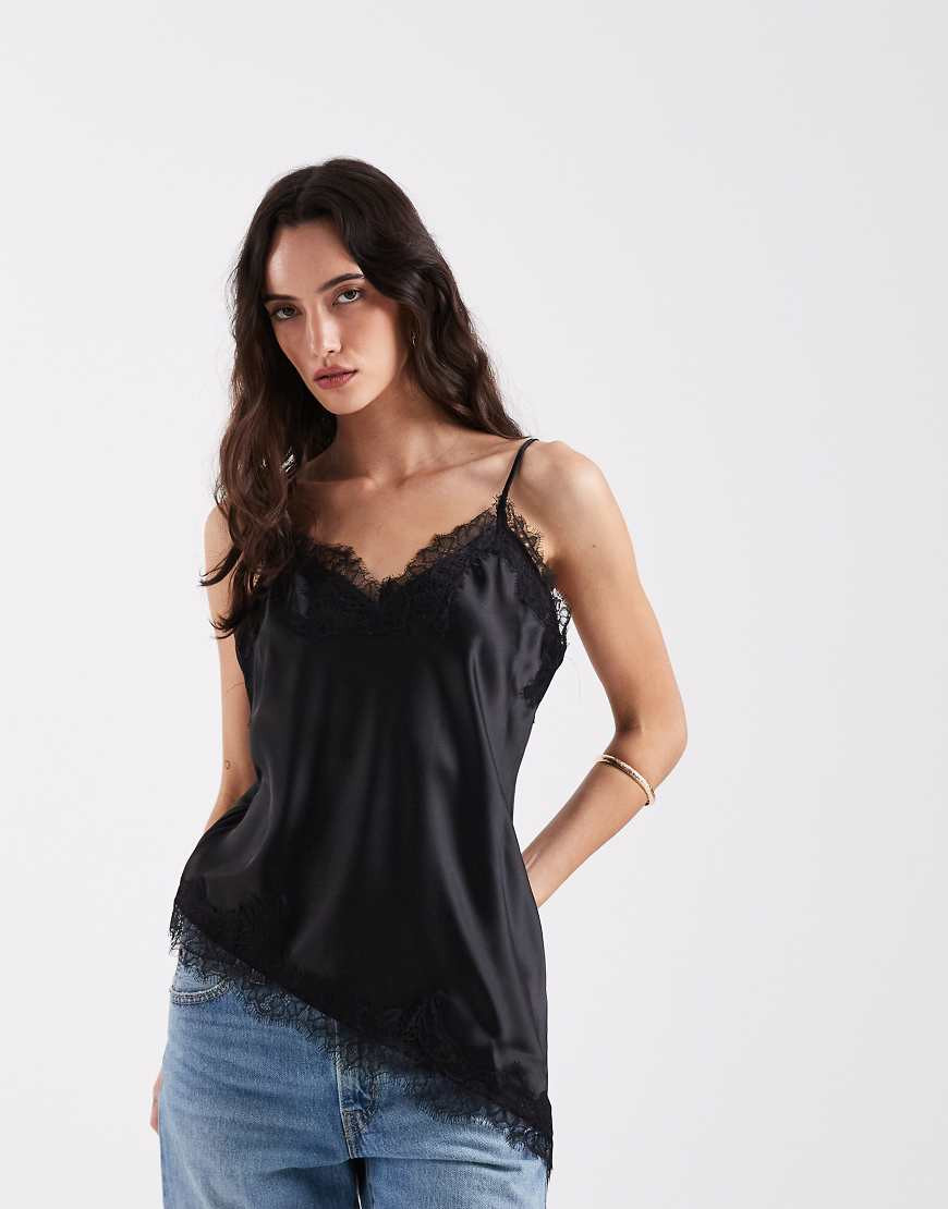 ONLY satin asymm lace hem cami top in black | ASOS (Global)