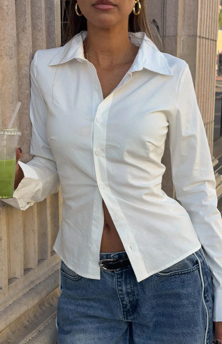 Helen White Fitted Long Sleeve Shirt | Beginning Boutique (US)