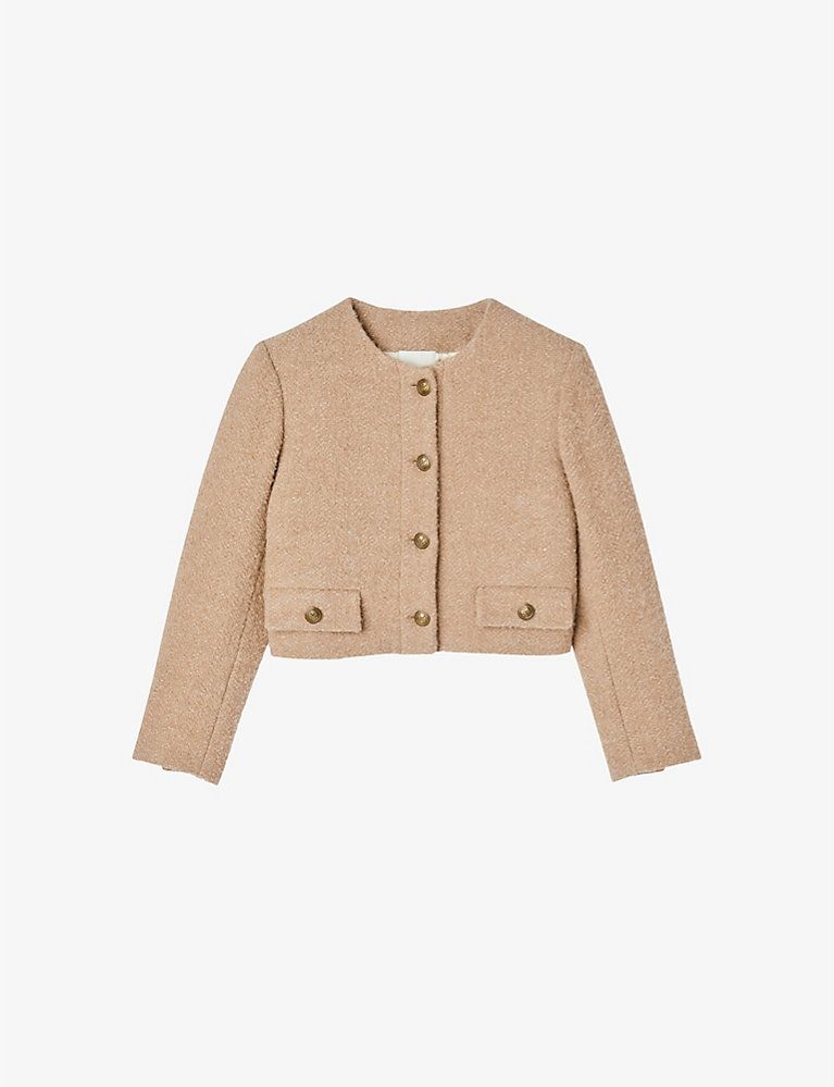 SANDRO Wallace cropped buttoned tweed jacket | Selfridges