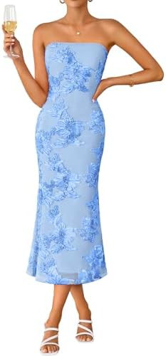 ZESICA Women's Summer Strapless Floral Midi Dress 2026 Bodycon Mesh Tube Wedding Guest Cocktail P... | Amazon (US)