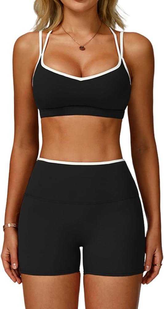 Two Piece Workout Sets For Women Sports Bra Matching High Waist Scrunch Butt Shorts Gym Yoga Athl... | Amazon (US)