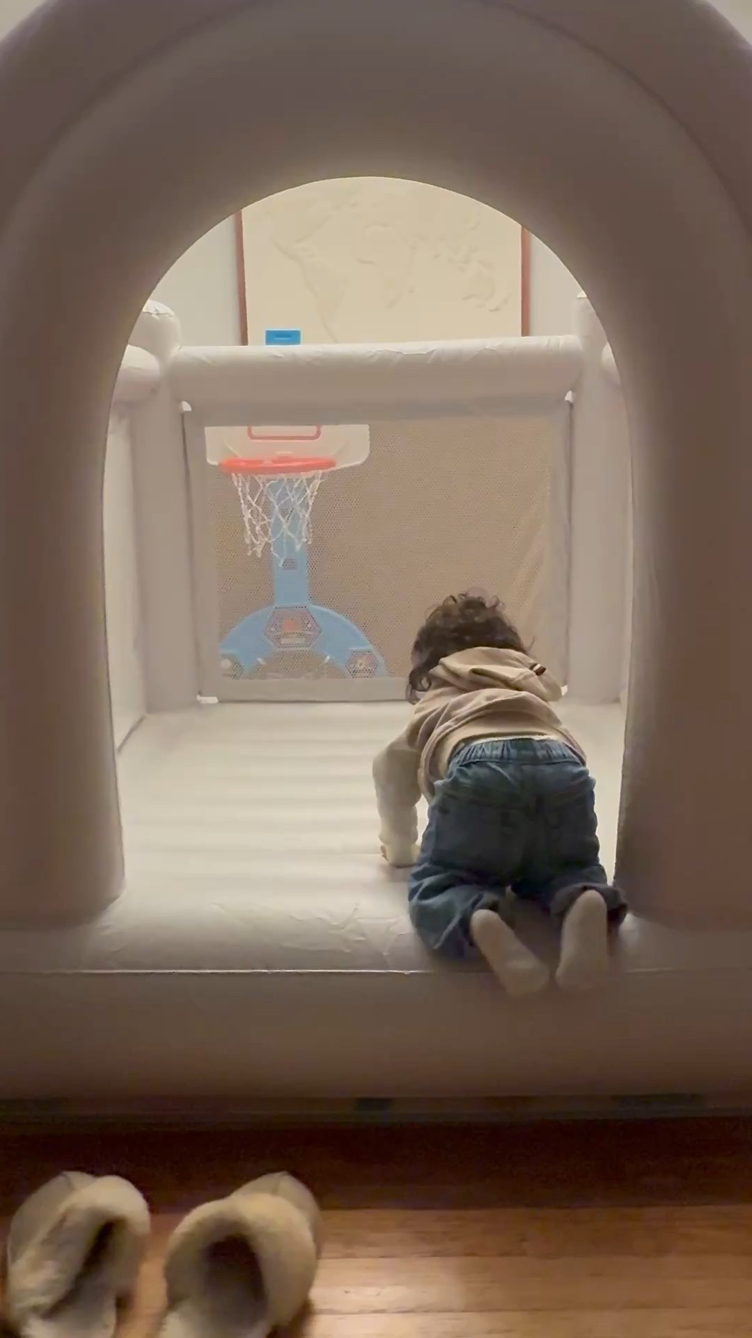 Indoor bounce house!? It’s so small & has a built in pump. I just plugged it in to the wall and it inflated in 3 minutes!