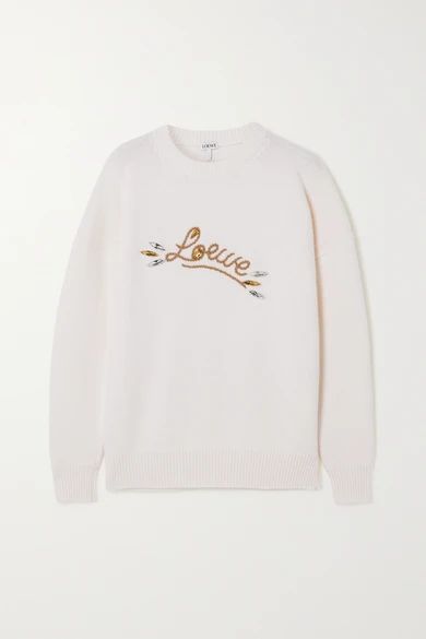 Loewe - Crystal-embellished Embroidered Wool Sweater - White | NET-A-PORTER (US)