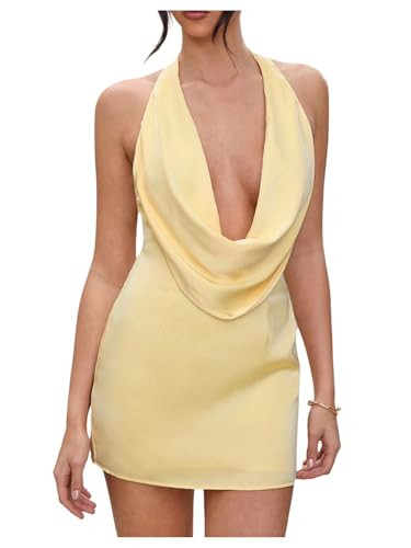 SHENHE Women's Satin Halter Dress Draped Deep V Neck Backless Y2K Party Mini Dresses | Amazon (US)