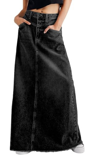 CHARTOU Women Vintage Denim Maxi Skirt Frayed Raw Hem High Waist A-Line Long Jean Skirt (Small, Black) | Amazon (US)