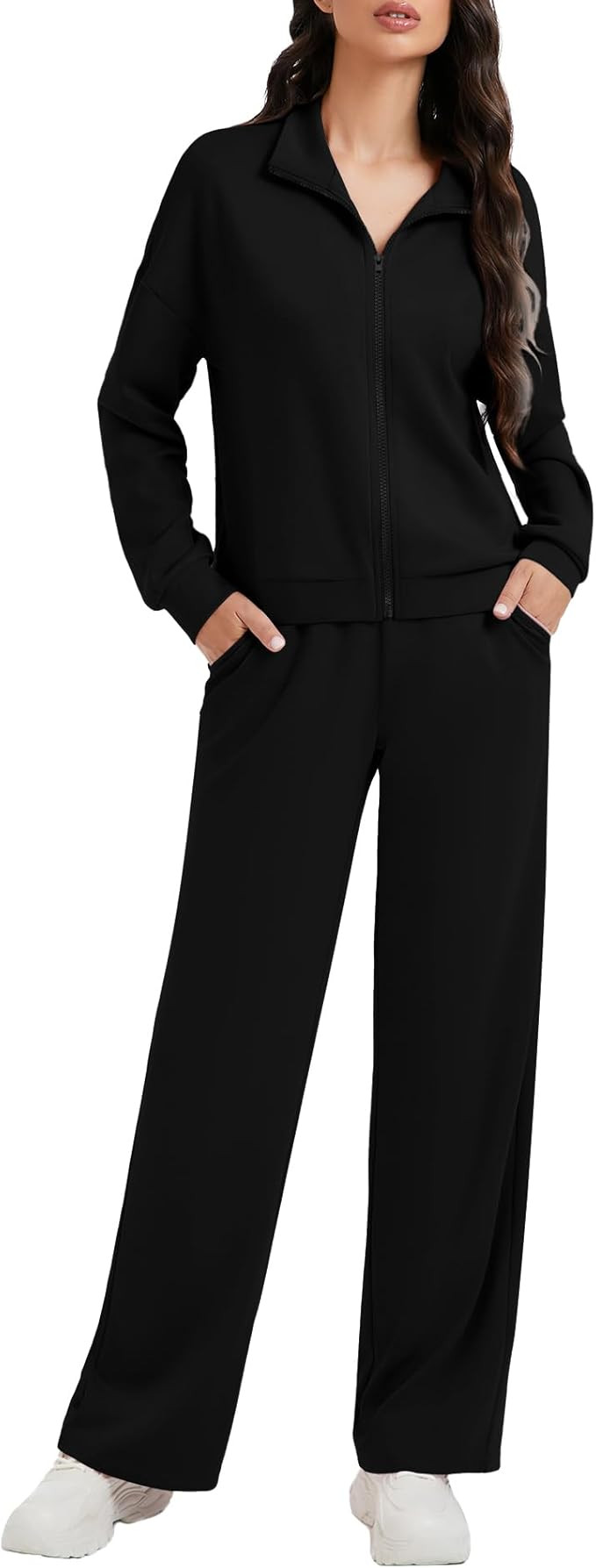 Casly Lamiit Women's 2 Piece Lounge Outfits Zip Up Sweat Set Contrast Striped Wide Leg Jogging Pa... | Amazon (US)