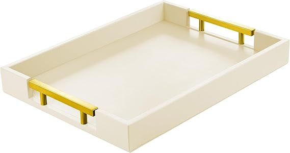 Leather Serving Tray with Gold Polished Metal Handles, Home Decorative Wooden Rectangle Ottoman D... | Amazon (US)