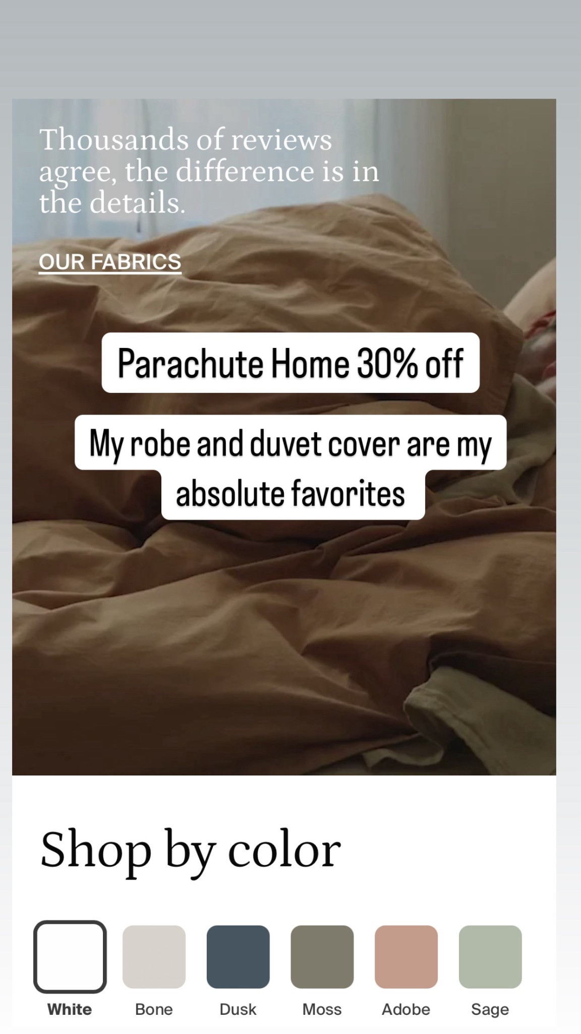Parachute home sale 30% off bedding, sheets, duvets, robes, towels and more 

#LTKFindsUnder100 #LTKSaleAlert #LTKHome