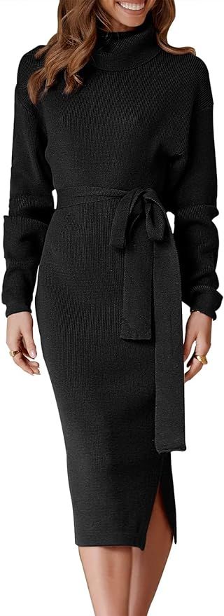 ANRABESS Women's Turtleneck Long Batwing Sleeve Chunky Knit Slit Slim Bodycon Tie Waist Pullover ... | Amazon (US)