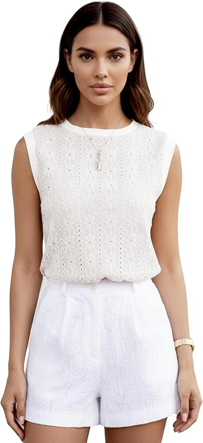 Women Eyelet Tank Tops Floral Casual Round Neck Sleeveless Summer Tops Trendy Basic Cute Plain Ta... | Amazon (US)