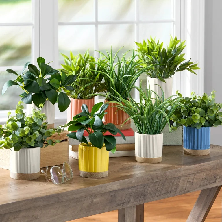 Mainstays by Becky G. & Alejandra 8" Artificial Eucalyptus in Blue Two-Tone Ribbed Ceramic Pot | Walmart (US)