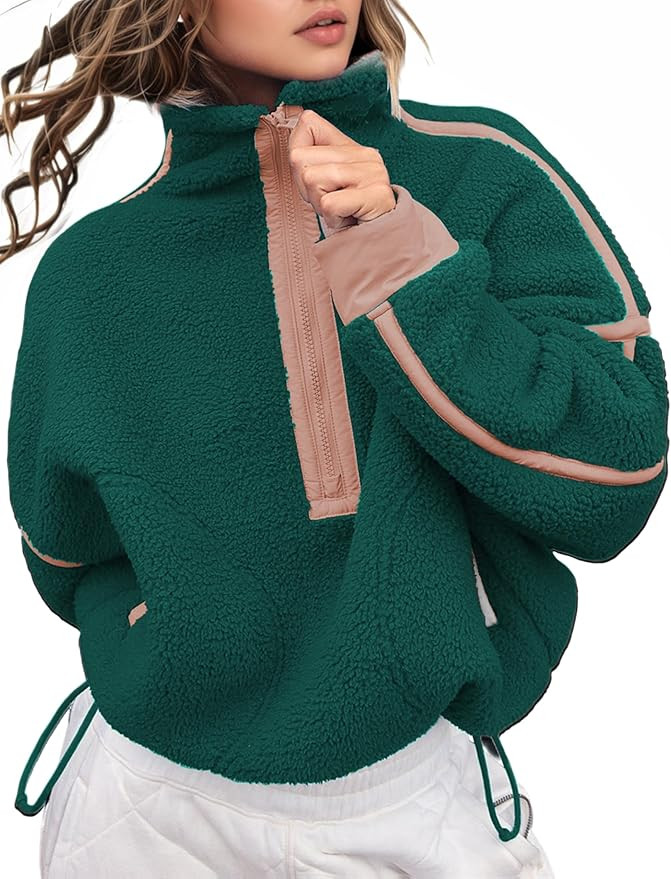 Women's Fleece Sweatshirts Half Zip Pullover Long Sleeve Oversized Workout Crop Tops Hoodie with ... | Amazon (US)