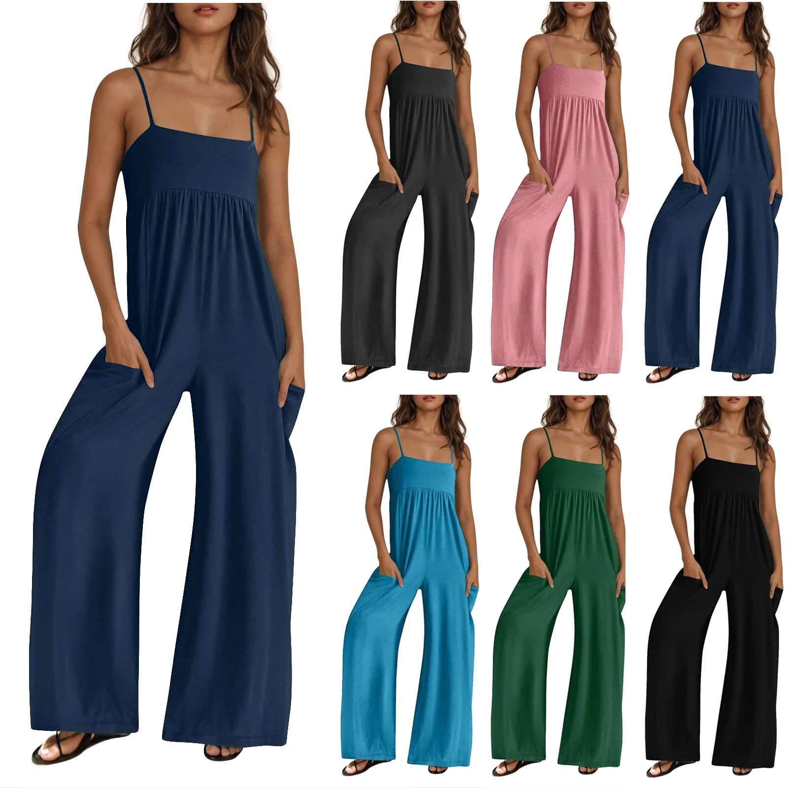 Htigea Clearance Jumpsuits for Women Spaghetti Strap Wide Leg One Piece Overalls Summer Rompers w... | Walmart (US)