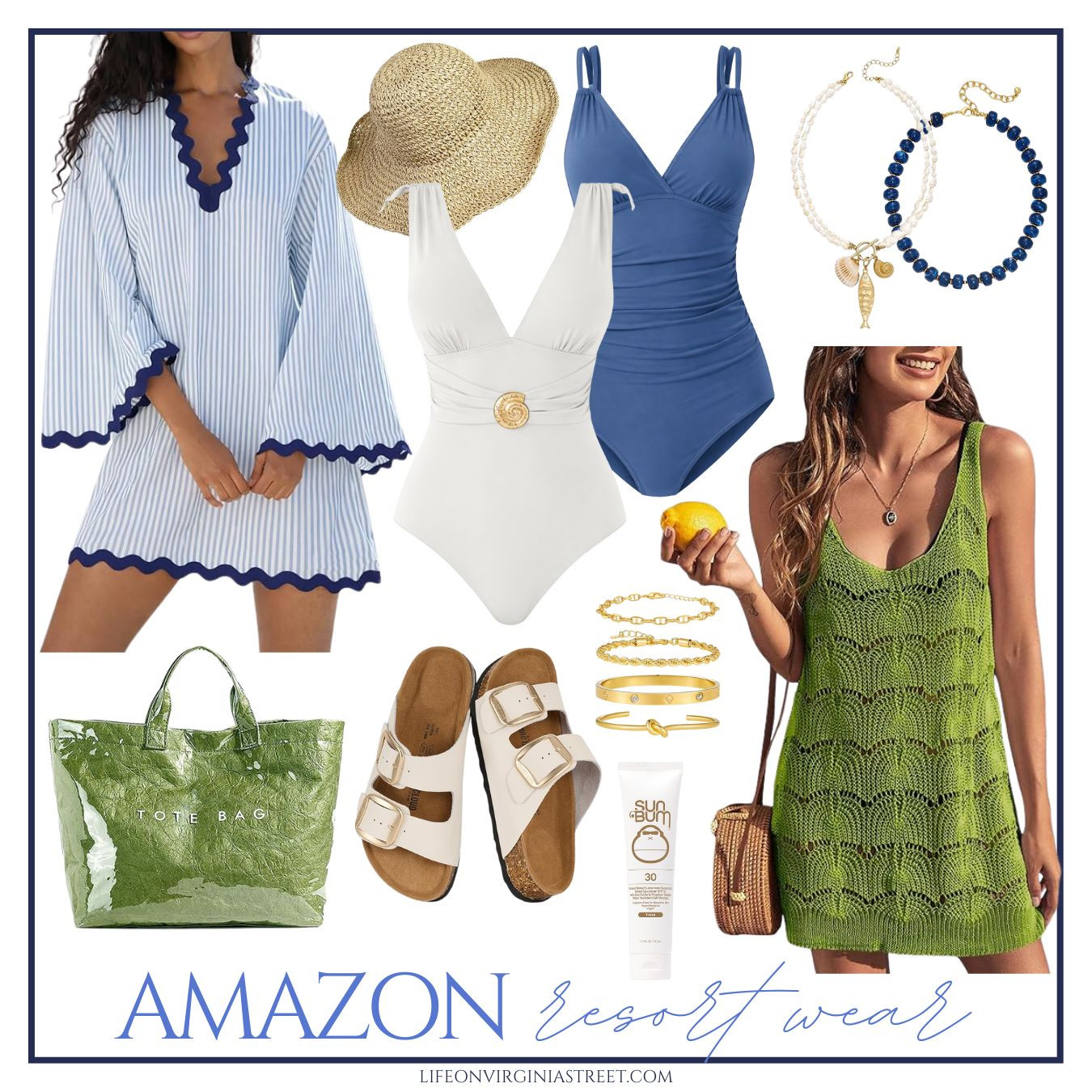 Chic Amazon resort wear finds for spring break or your next warm weather getaway! Includes a striped ric rac coverup, crochet coverup, one-piece swmisuits, and luxe for less accessories! #ltktravel #ltksalealert #ltkseasonal #ltkmidsize #ltktall #ltkover40 #ltkbeauty 

 

#LTKSeasonal #LTKSaleAlert #LTKMidsize