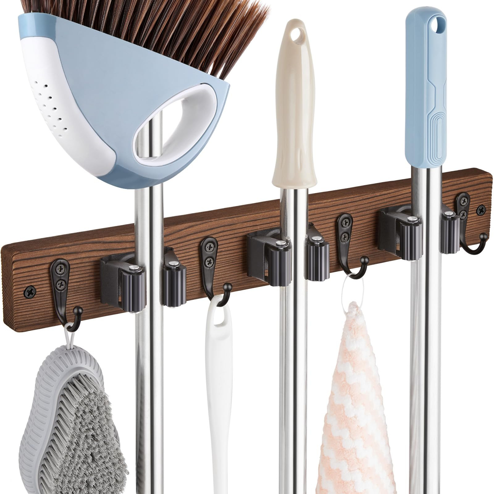 OUTNILI Mop Broom Holder Wall Mount with 3 Slots & 4 Hooks - Wood Broom Mop Hanger for Pantry Kit... | Amazon (US)