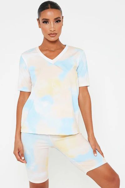 Blue Tie Dye V-Neck T-Shirt And Cycling Short Set | ISAWITFIRST UK