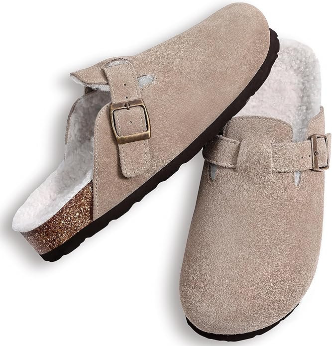 KIDMI Women's Fur Lined Suede Clogs Fuzzy Cork Footbed Mules Slip On Winter Potato Shoes | Amazon (US)