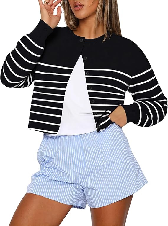 Kistore Womens Cropped Cardigan Sweaters Crew Neck Long Sleeve Button Up Sweaters Lightweight Kni... | Amazon (US)