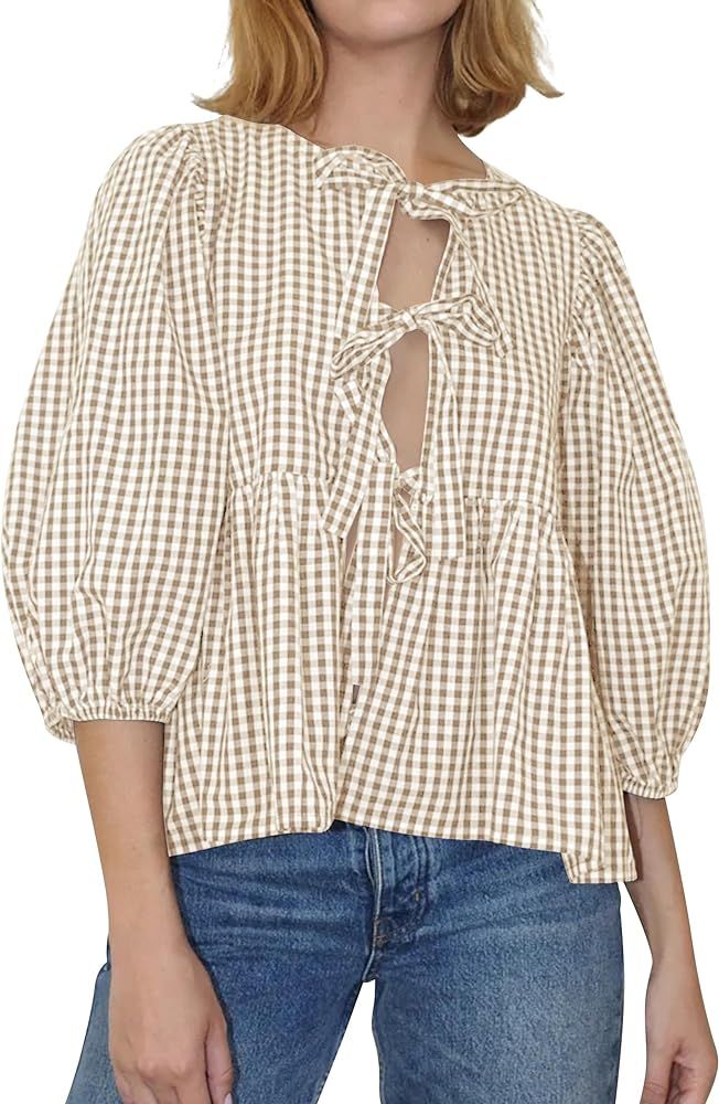 Women Tie Front Tops Puff Sleeve Babydoll Shirts Y2K Cute Ruffle Peplum Going Out Top Blouse Tren... | Amazon (US)
