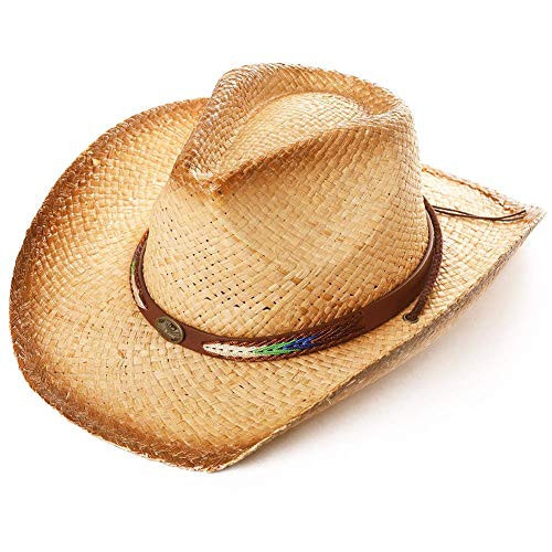 Western Style Round Cowboy Straw Hat for Men Fedora Chin Cord Vegan Leather Band Shapeable Brim Beach Cowgirl Natural X-Large XL | Amazon (US)