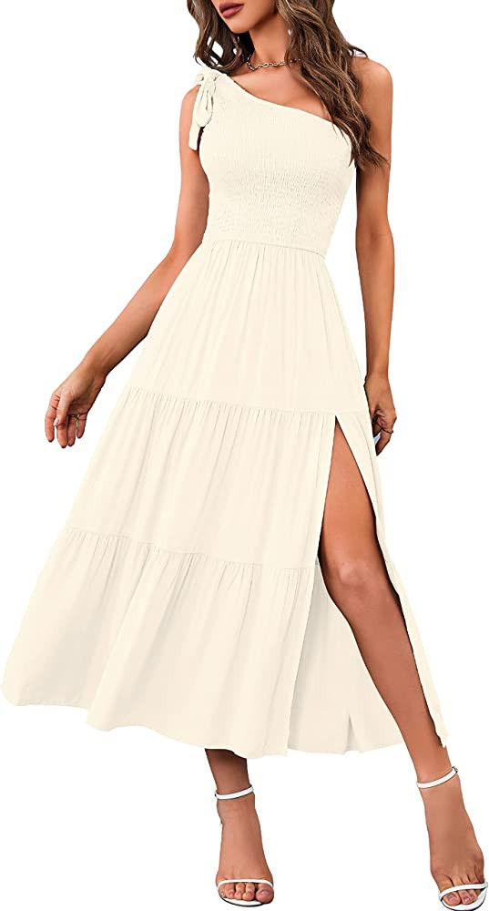MEROKEETY Women's Summer One Shoulder Sleeveless Knot Smocked Midi Dress Split Tiered Flowy Dress... | Amazon (US)
