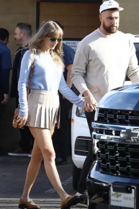 Shop Taylor Swift light blue crewneck cashmere sweater, cat I tortoise show sunglasses pleated mini squirt top handle leather bag chunky color block loafers

#LTKstyletip