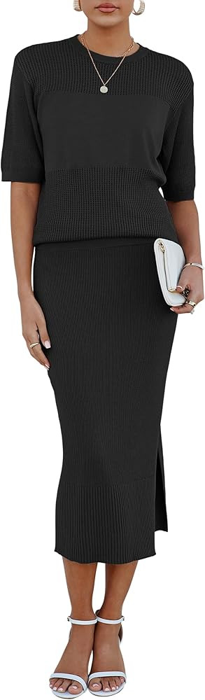 Arach&Cloz Women's Soft 2 Piece Sets Summer Crochet Top and Midi Slit Skirt Outfits 2025 | Amazon (US)