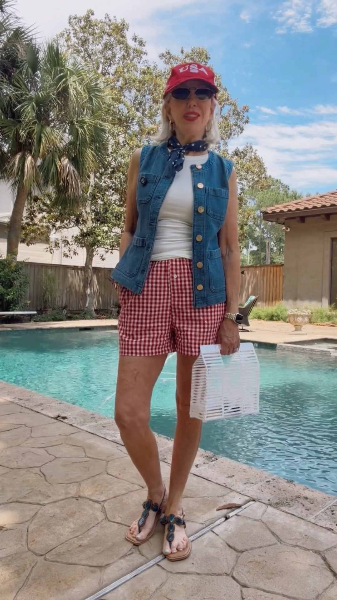 Denim vest on major sale is perfect to wear now and on into the fall. Tank top and red gingham shorts are so cute. Wear as shorts or pajamas.

#LTKOver40 #LTKSaleAlert #LTKootd
