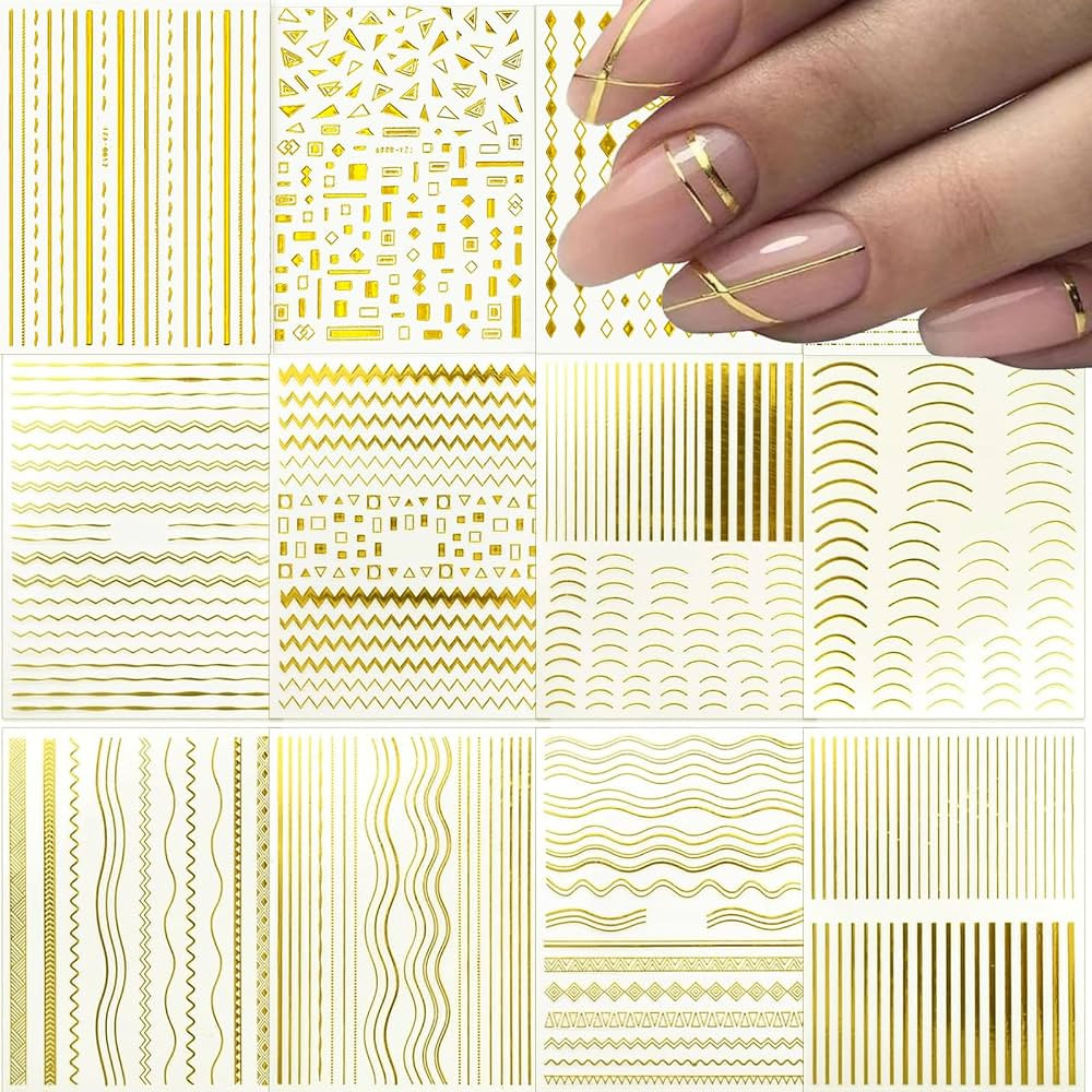 12 Sheets Gold Line Nail Stickers Decals 3D Self Adhesive Nail Decals French Nail Art Sticker Gol... | Amazon (US)
