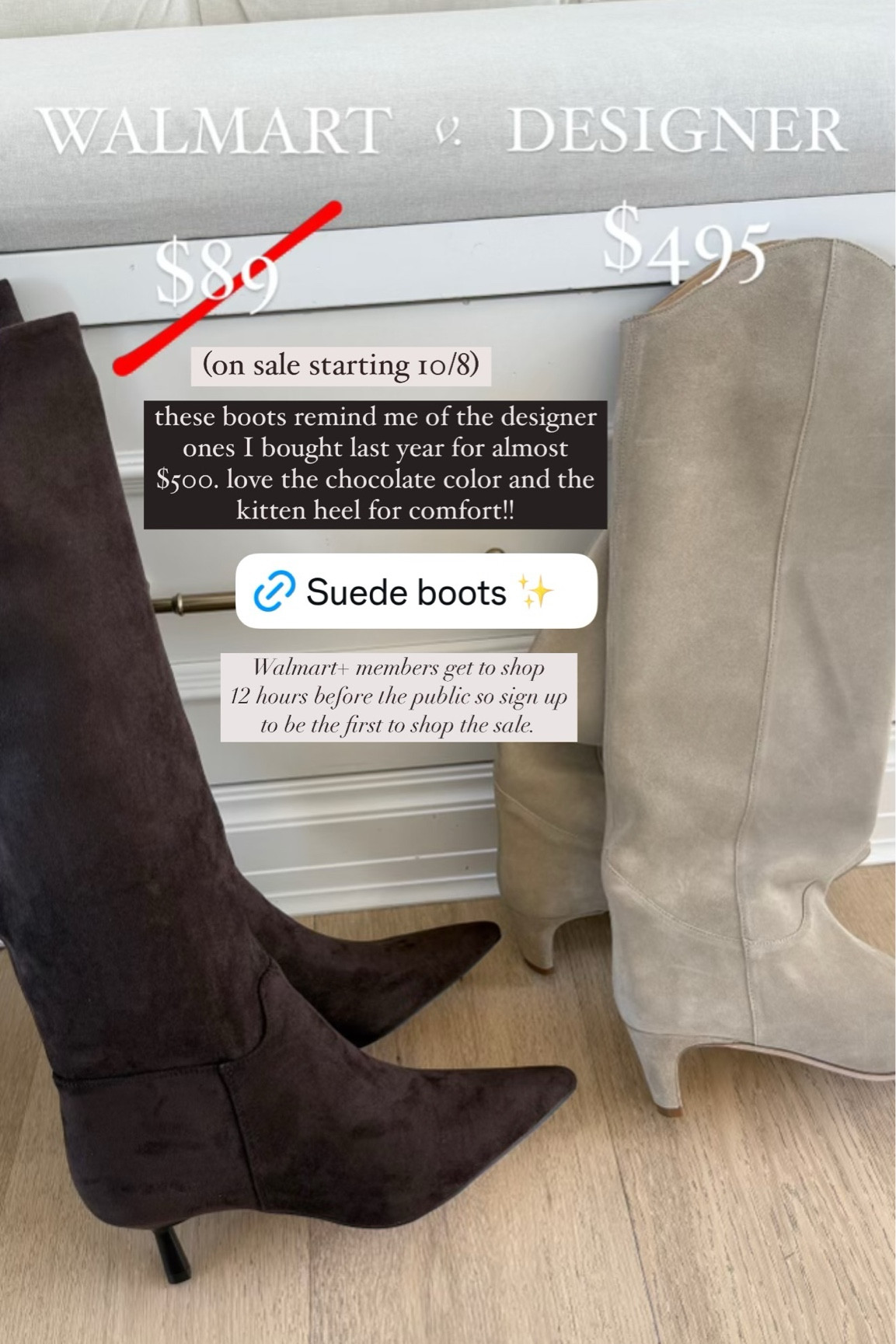 these suede boots remind me of the designer ones I bought last year for almost $500. love the chocolate color and the kitten heel for comfort!! And on sale starting 10/8

Fall boot, suede boot, chocolate brown boot, Walmart fashion, affordable boot, knee high boot, Christine Andrew 

#LTKShoeCrush #LTKStyleTip #LTKFindsUnder100