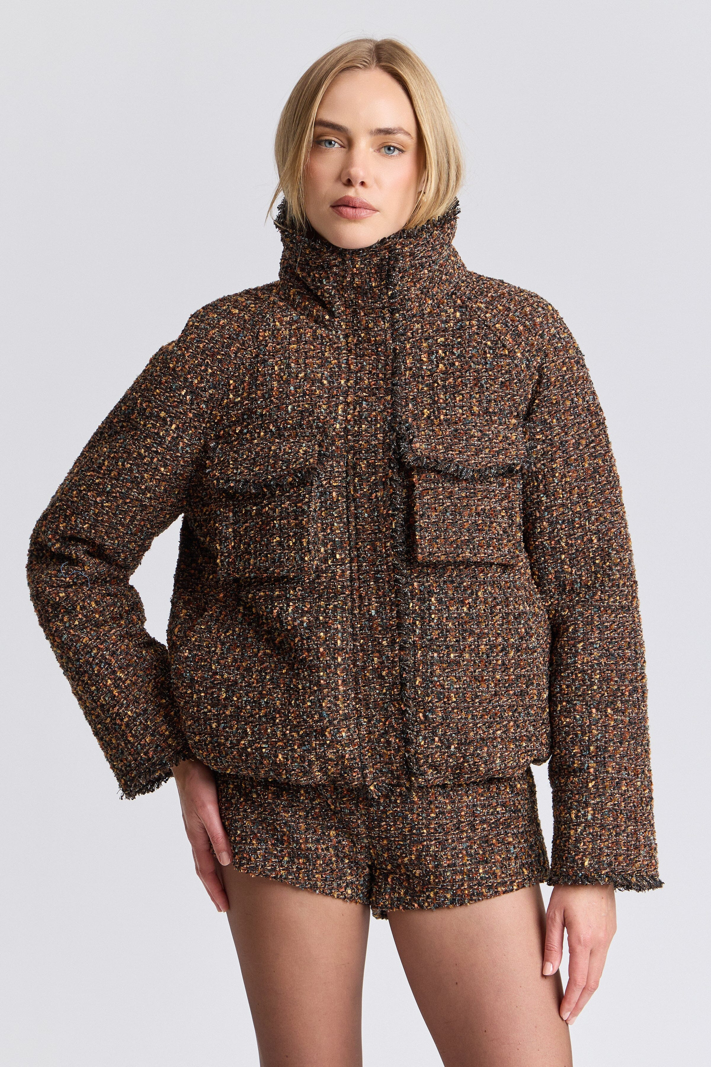 Cropped Tweed Puffer Jacket - Warm Autumn Multi | Avec Les Filles