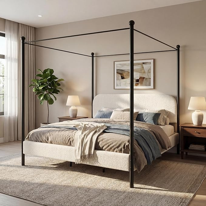 Merax King Size Canopy Bed with Upholstered Headboard, Modern Platform Bed Frame with Iron Legs, ... | Amazon (US)