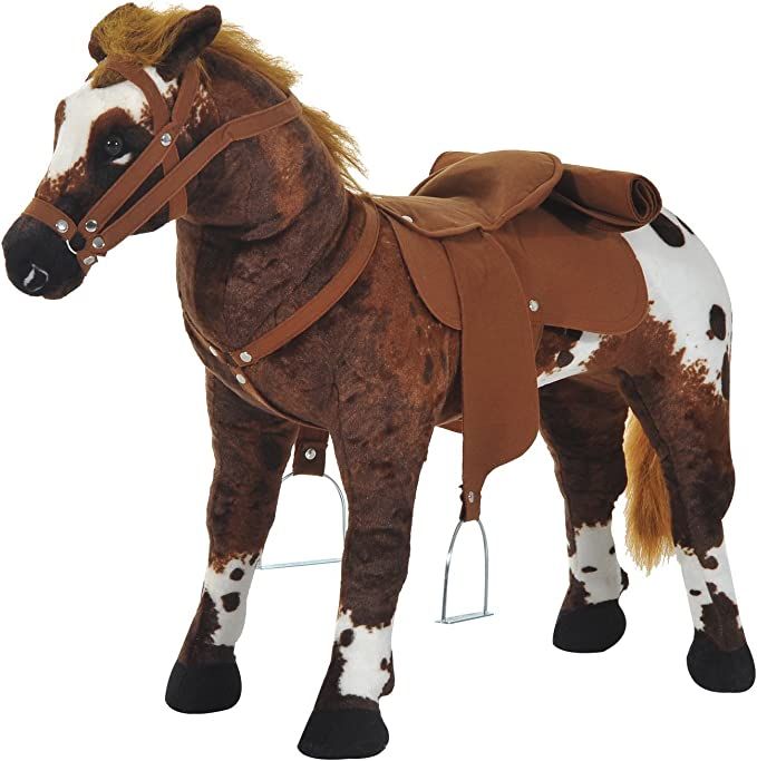 Qaba Children’s Plush Interactive Standing Ride-On Horse Toy with Sound -Dark Brown/White | Amazon (US)