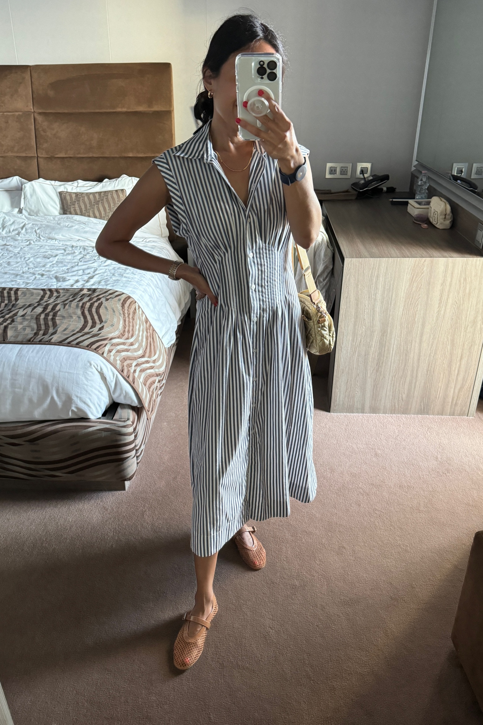 Vacation dress. Europe vacation. Cruise vacation. Classic dress with a flattering fit. Lightweight material. Also comes in black. True to size. Mesh shoes are actually comfortable flats for me. 
Crossbody bag. Travel bag. Lightweight hoop earrings  

#LTKOver40 #LTKFindsUnder50 #LTKFindsUnder100