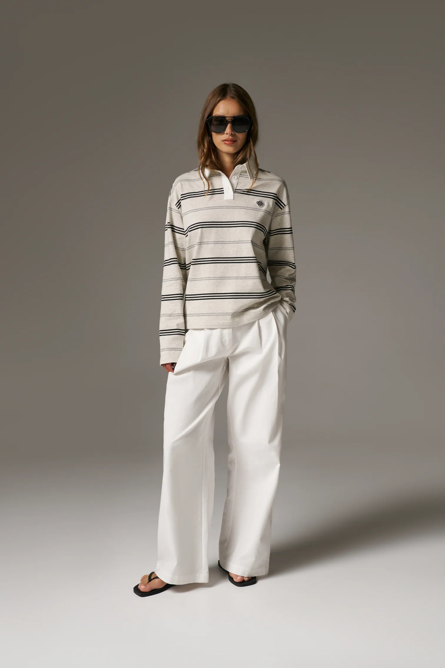 STRIPED LONG SLEEVE POLO TEE - GREY MARL | The Couture Club