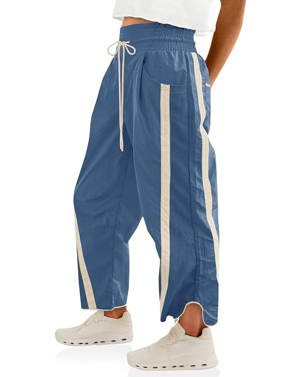 Fisoew Women's Baggy Wide Leg Pants Casual Drawstring Elastic Waisted Contrast Color Workout Y2K ... | Amazon (US)