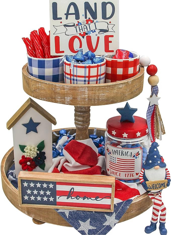 American Decorative Tiered Tray Decor 9pc Memorial Day 4th of July Stars and Stripes Bundle Patri... | Amazon (US)