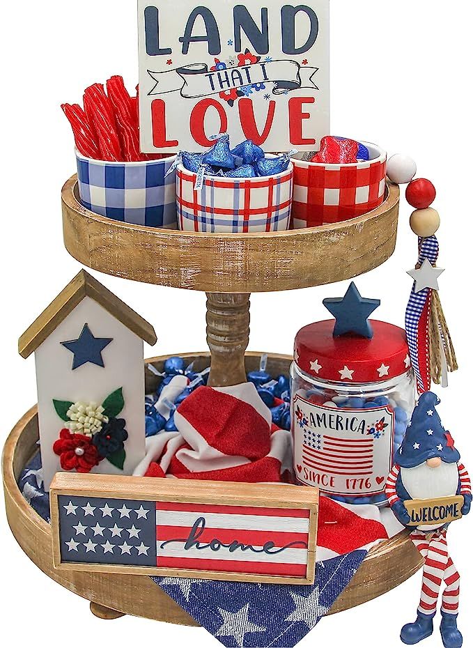 American Decorative Tiered Tray Decor 9pc Memorial Day 4th of July Stars and Stripes Bundle Patri... | Amazon (US)